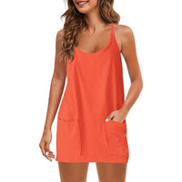 Women'S Summer Solid Color Sleeveless Dress, Slim Shoulder Strap Vest Skirt, Sports Short Skirt, Pocket, Comfortable at Home